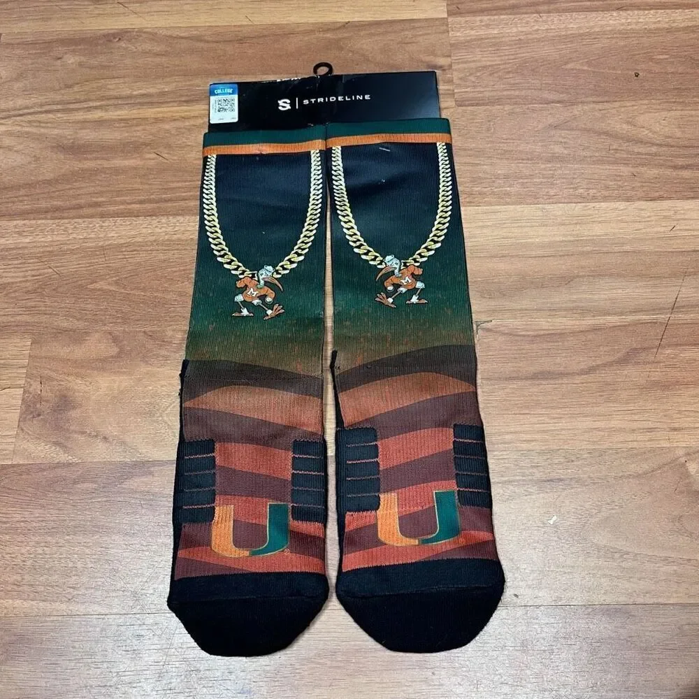 Strideline Mens Miami Hurricanes Chain Crew Socks, Green, One Size
